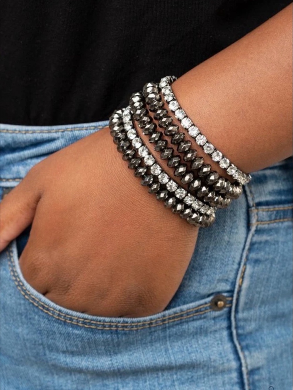 Paparazzi best of luxe Hematite and Clear Crystal Stretch 5 Bracelet Set